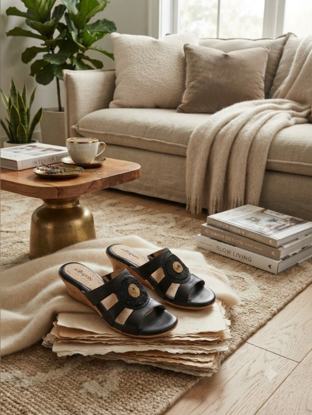 Softspots Women's Black Leather Wedge Slide Sandals